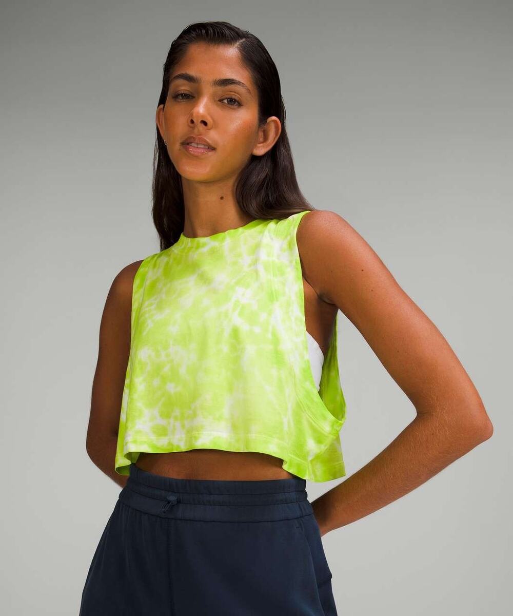Lululemon All Yours Cropped Tank Top Size 4 Neon Yellow Tie Dye Pima Cotton